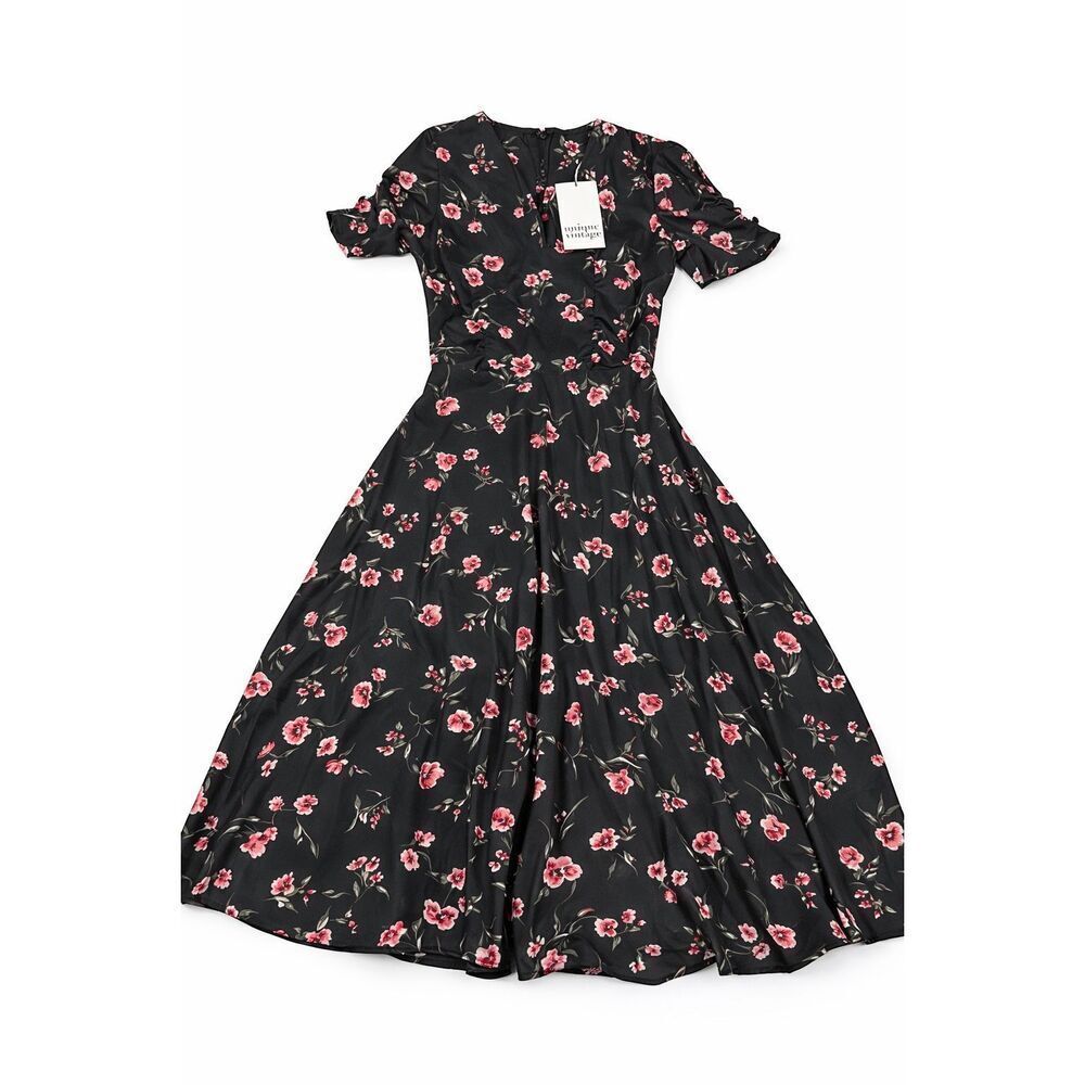 NWT Unique Vintage Black Floral Dress Size XS US 2 New